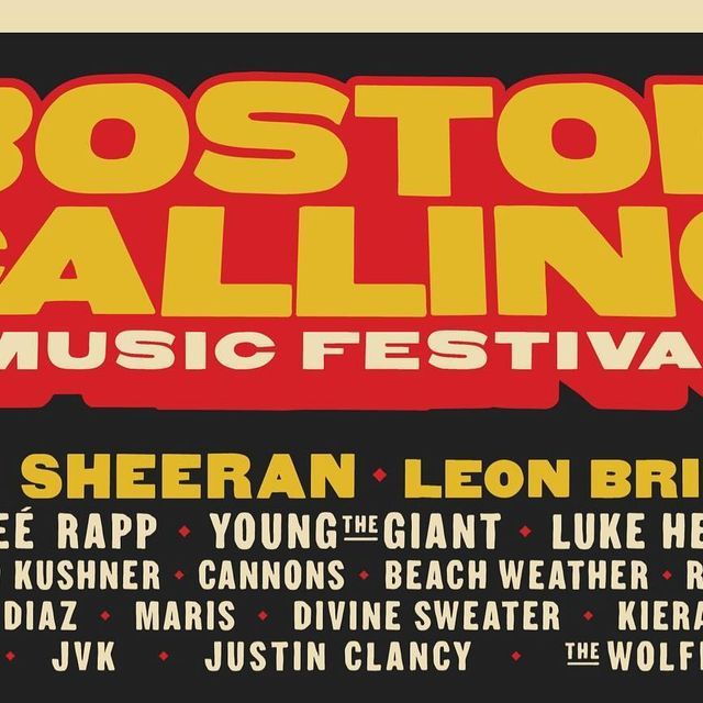 the boston calling music festival poster is shown in red, yellow and black colors on a white background