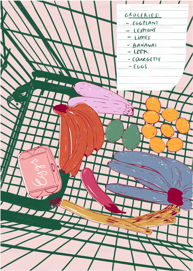 a shopping cart filled with fruit and vegetables next to a list of grocery items on top of it