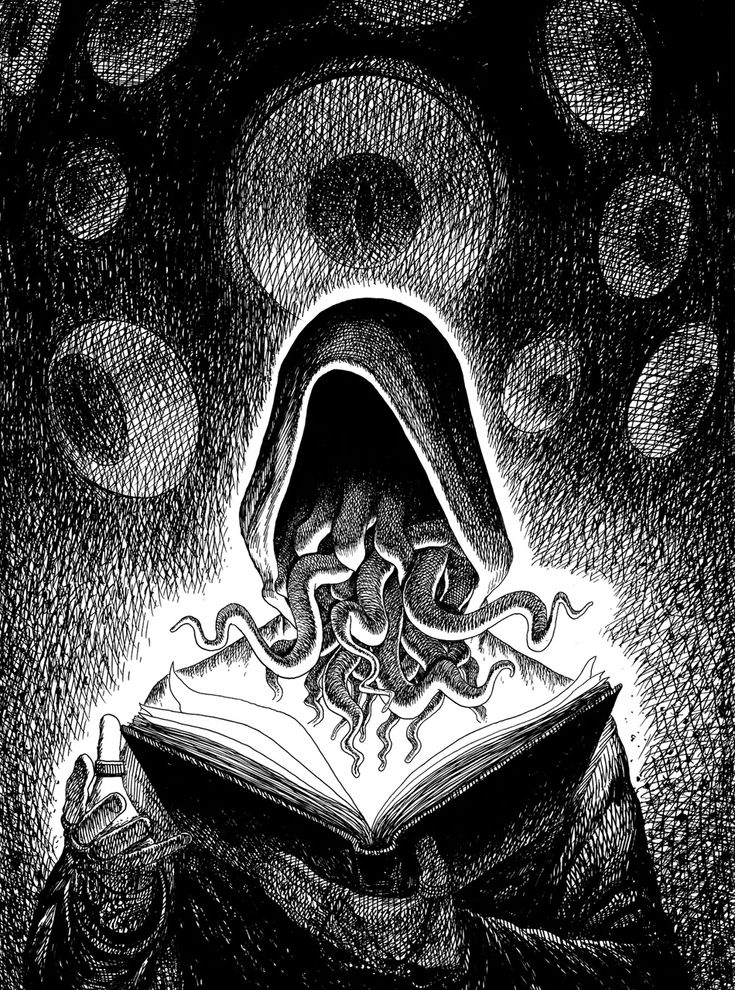 a black and white drawing of a person reading a book with an octopus coming out of it