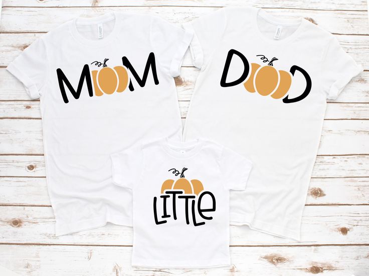 'Tis the season for all things pumpkin.  Get a shirt for yourself or style the whole family to match! T-shirt is unisex and made with soft, breathable and lightweight fabric. CARE: - Wash inside out with like colors - Tumble dry low or hang to dry - Non-chlorine bleach only - Do not iron or dry clean SIZE AND FIT: Your shirt will be printed on a high-quality, soft and comfortable unisex t-shirt. Sizes run true to size, which takes the guesswork out of ordering; if you like your t-shirts loose or oversized, you might want to order a size up and if you'd like a more fitted women's style then order a size down. RETURNS AND EXCHANGES: Because the shirts are made to order we do not accept any returns. Please double check your sizing and color choice carefully for errors. If there is any issue w Family Letter Print Tops For Fall, Casual Family T-shirt For Fall, White T-shirt For Fall Family Matching, Mom And Dad Shirts, Dad Shirts, Matching Tees, Fall Baby, Pumpkin Shirt, Dad To Be Shirts