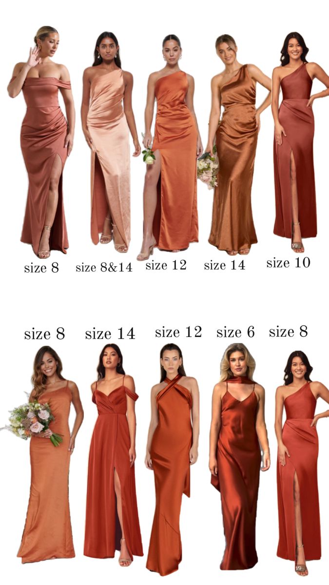 different types of bridesmaid dresses are shown in this image, with the names and colors