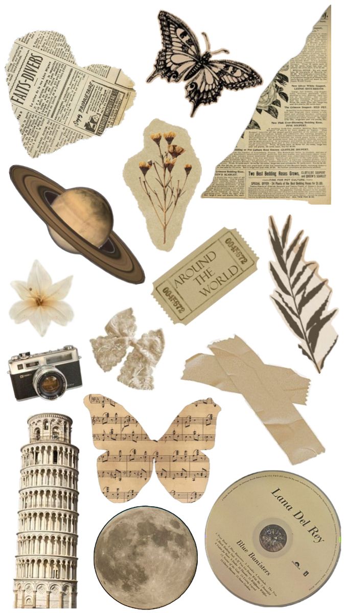 an assortment of paper and crafting items are arranged in the shape of a collage