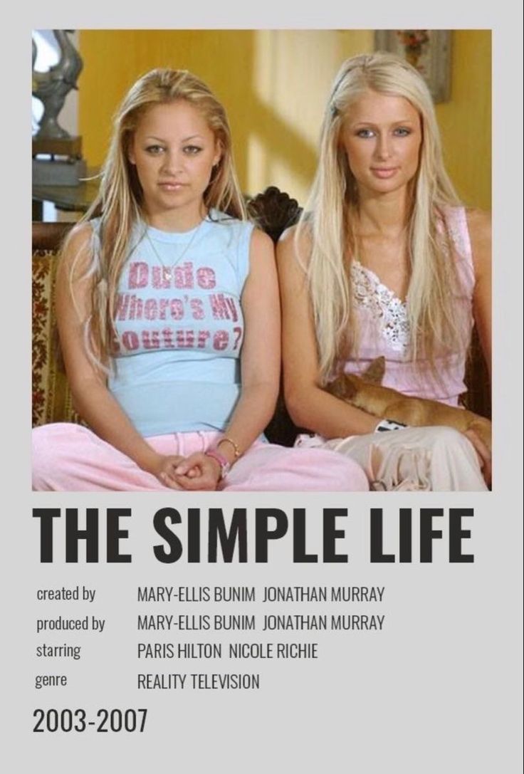 two women sitting next to each other in front of a poster that says, the simple life