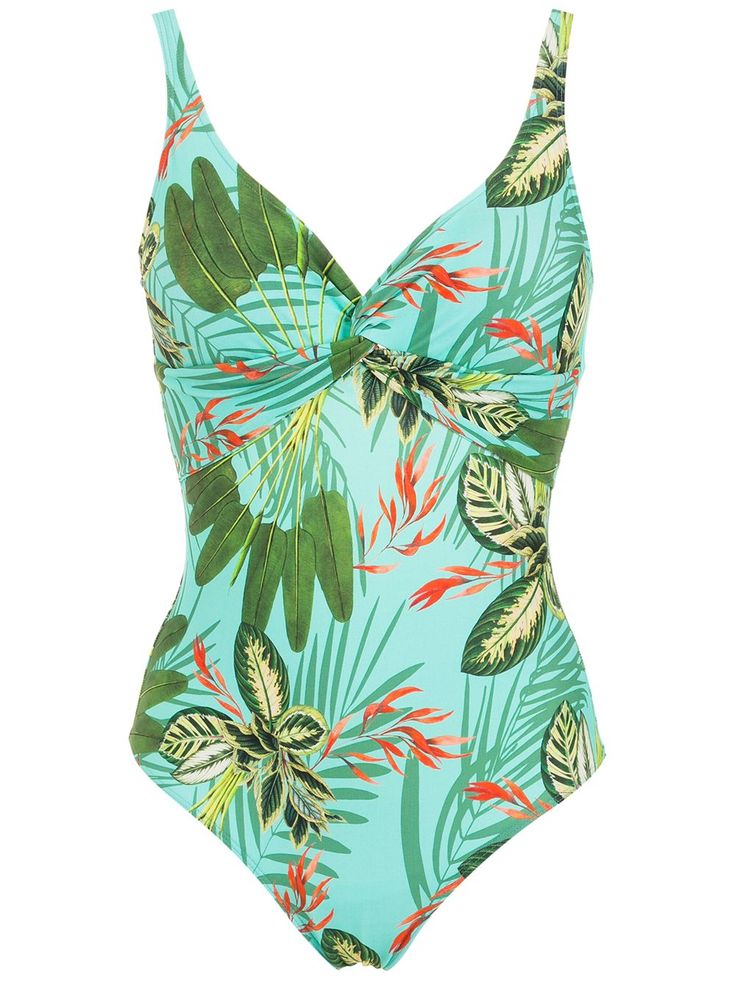 green tropical print V-neck sleeveless low back medium coverage mid-weight stretch fabric Be mindful to try on swimwear over your own garments. Printed V-neck Swimwear For Beach, Printed V-neck Beachwear Swimwear, Tropical V-neck Tankini For Summer, Tropical V-neck Swimwear For Vacation, V-neck Tropical Print Swimwear For Summer, Tropical V-neck Tankini For Swimming, Tropical V-neck Swimwear For Sunbathing, Printed V-neck Swimwear For Poolside, Summer Tropical Print V-neck Swimwear