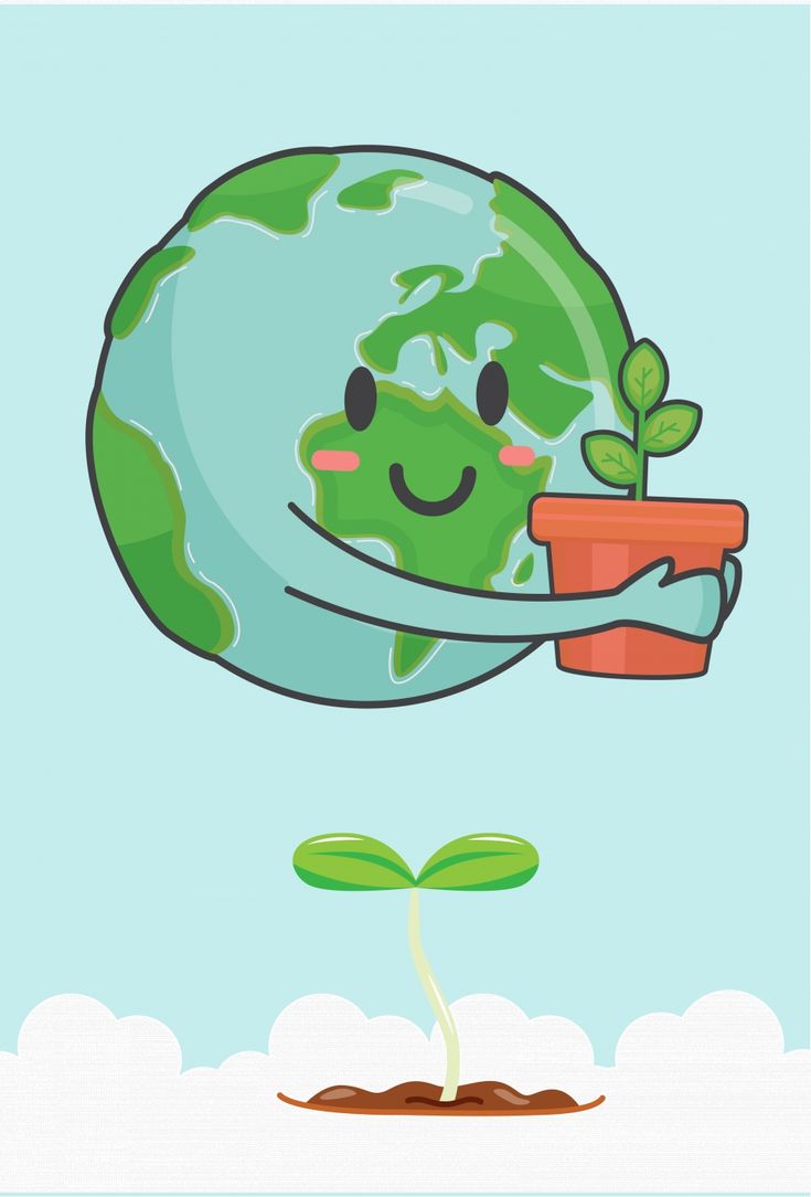 the earth is holding a potted plant in it's hands, with its eyes closed