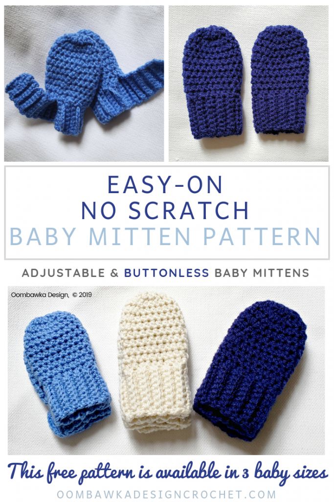 three knitted mittens are shown with the text easy - on no scratch baby mitten