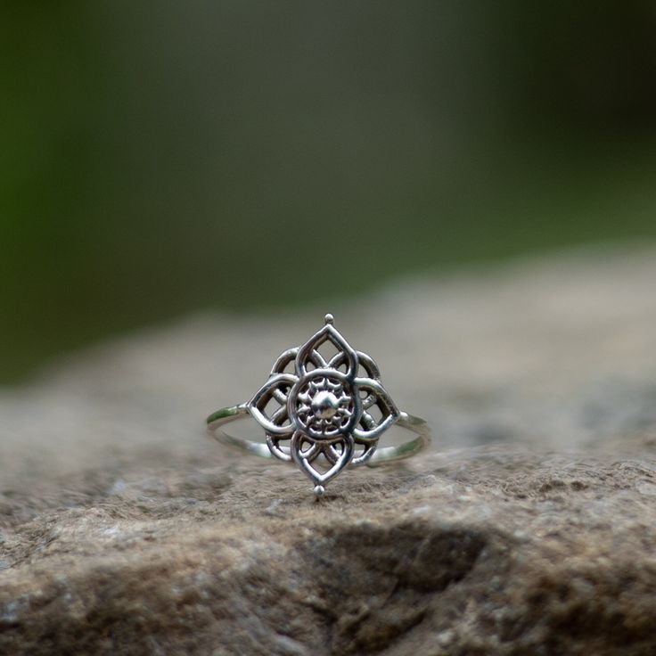 925 Sterling Silver, Bohemian Flower ring. Bohemian Crystal Wedding Ring, Spiritual Sterling Silver Flower Ring, Bohemian Rings With Intricate Design For Anniversary, Bohemian Silver Stackable Rings For Anniversary, Spiritual Silver Adjustable Flower Ring, Bohemian Flower Ring With Intricate Design For Gift, Bohemian Rings With Intricate Design For Promise, Adjustable Silver Spiritual Flower Ring, Bohemian Nickel-free Jewelry For Promise Ring