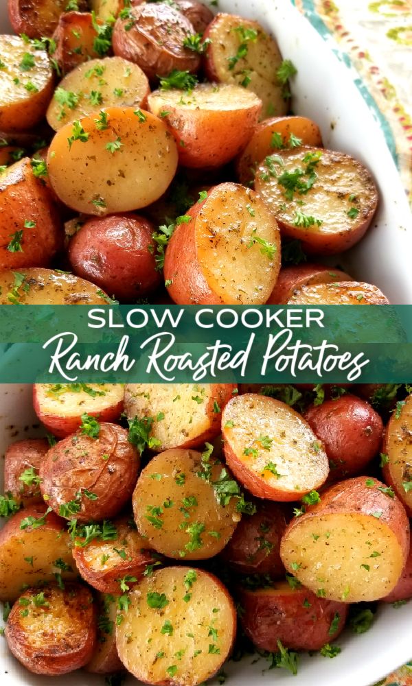 slow cooker ranch roasted potatoes in a white bowl with parsley sprinkled on top