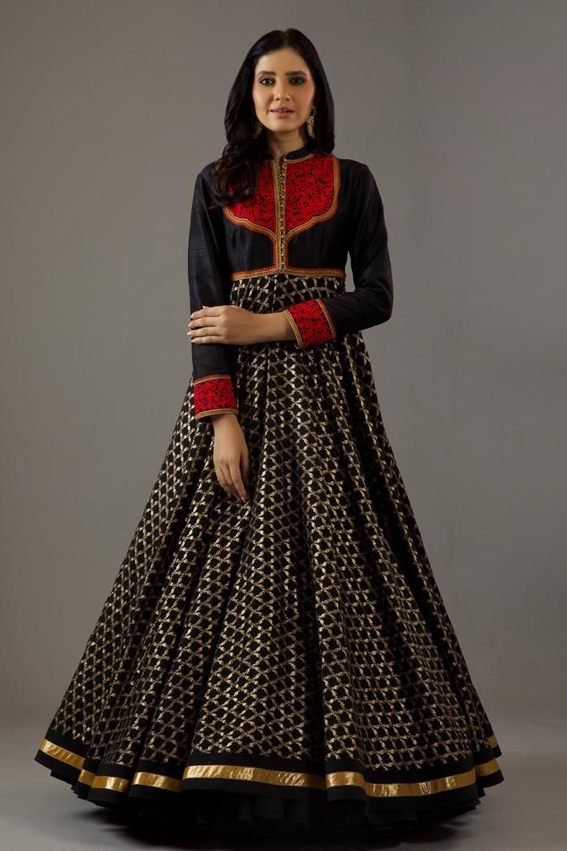 Black long sleeves mandarin collar neck flared anarkali with floral dori and banasai jaal embroidery. Paired with churidar and seer sucker detail dupatta.
Components: 3
Pattern: Embroidery
Type Of Work: Dori, Banasai Jaal
Neckline: Mandarin Collar
Sleeve Type: Long
Fabric: Silk Chanderi, Lining: Cotton
Color: Black
Other Details: 
Note: The cancan skirt worn by the model is not for sale
Occasion: Sangeet - Aza Fashions Black Long Sleeve Dress For Reception, Black Lehenga With Zari Work, Black Lehenga With Long Sleeve And Zari Work, Traditional Black Straight Kurta Dress, Festive Long Sleeve Block Print Kurta, Chanderi Long Sleeve Anarkali Set With Block Print, Anarkali Kurta With Block Print And Long Sleeves, Designer Black Kurta With Pallu, Long Sleeve Chanderi Anarkali Set With Block Print