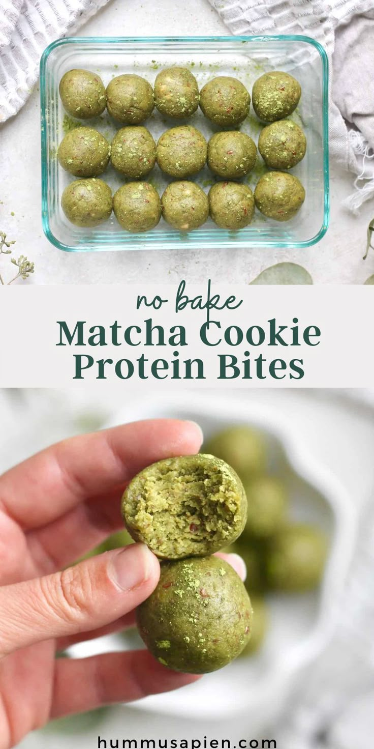 no bake matcha cookie protein bites in a glass container with text overlay