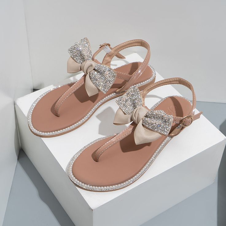 Color: Apricot, Size: 42 Flip Flops Platform, Beige Sandals Heels, Flat Wedges, Diamond Bows, Shoes Silver, Buckled Flats, Elegant Pattern, Rhinestone Bow, Bow Flats