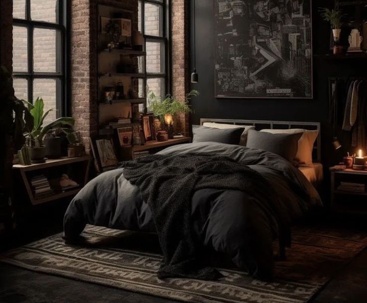 a bedroom with brick walls and lots of lights hanging from the ceiling, along with a large bed covered in black linens