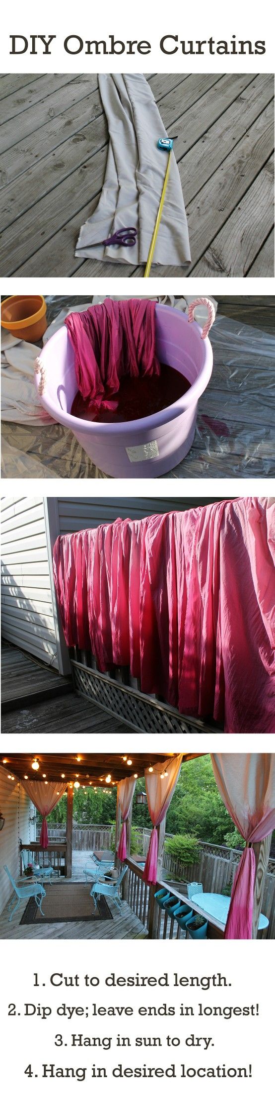 three pictures showing different ways to decorate an outdoor area with pink and white curtains on the outside