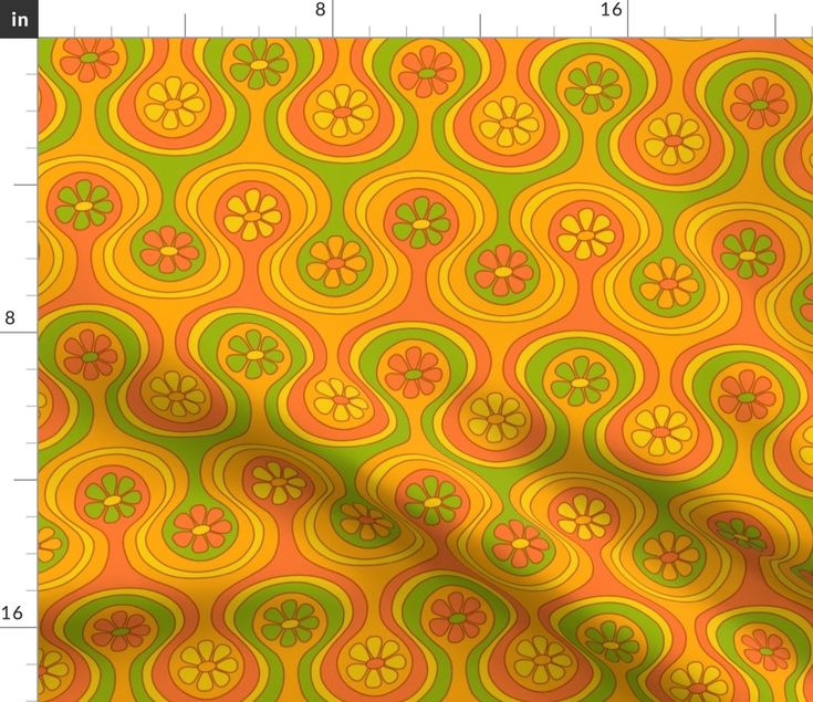 an orange, green and yellow pattern with circles in the center on a white background