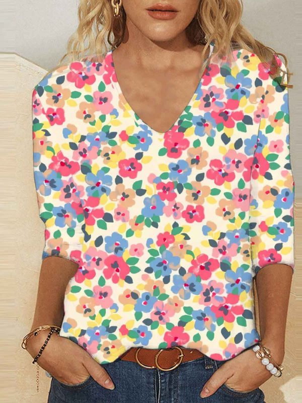 Womens Retro Vintage Floral T-Shirts Light Weight V-Neck Long Sleeve Country Little Floral Tops S-5XL Multicolor Floral Print V-neck Top, Multicolor Floral Print V-neck T-shirt, Pink Printed V-neck T-shirt, Multicolor V-neck Top For Spring, Cheap Clothing, Spring Outfits Women, Women T Shirts, Cheap Clothes, Clothing Women