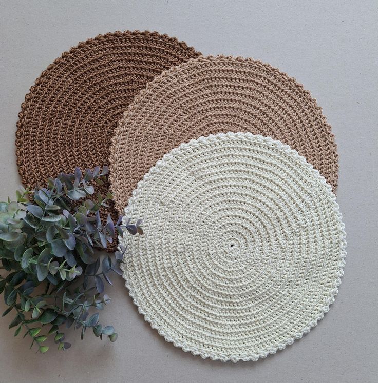 three woven placemats and a plant on a table