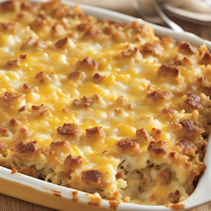 a casserole dish with cheese and meat in it on a wooden table next to a fork