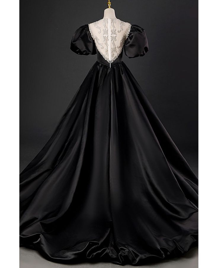 Buy high-end long black satin evening formal dress with jeweled neckline at cheap price online. Free stable shipping and pro custom service since 2009. Black Fitted Satin Dress For Wedding, Elegant Satin Ball Gown With Long Train, Black Fitted Satin Ball Gown, Fitted Black Satin Ball Gown, Fitted Satin Ball Gown For Evening, Black Silk Satin Dress For Prom, Satin Ball Gown With Sweep Train For Evening, Black Satin Dress With Fitted Bodice For Evening, Black Satin Dress For Prom Season