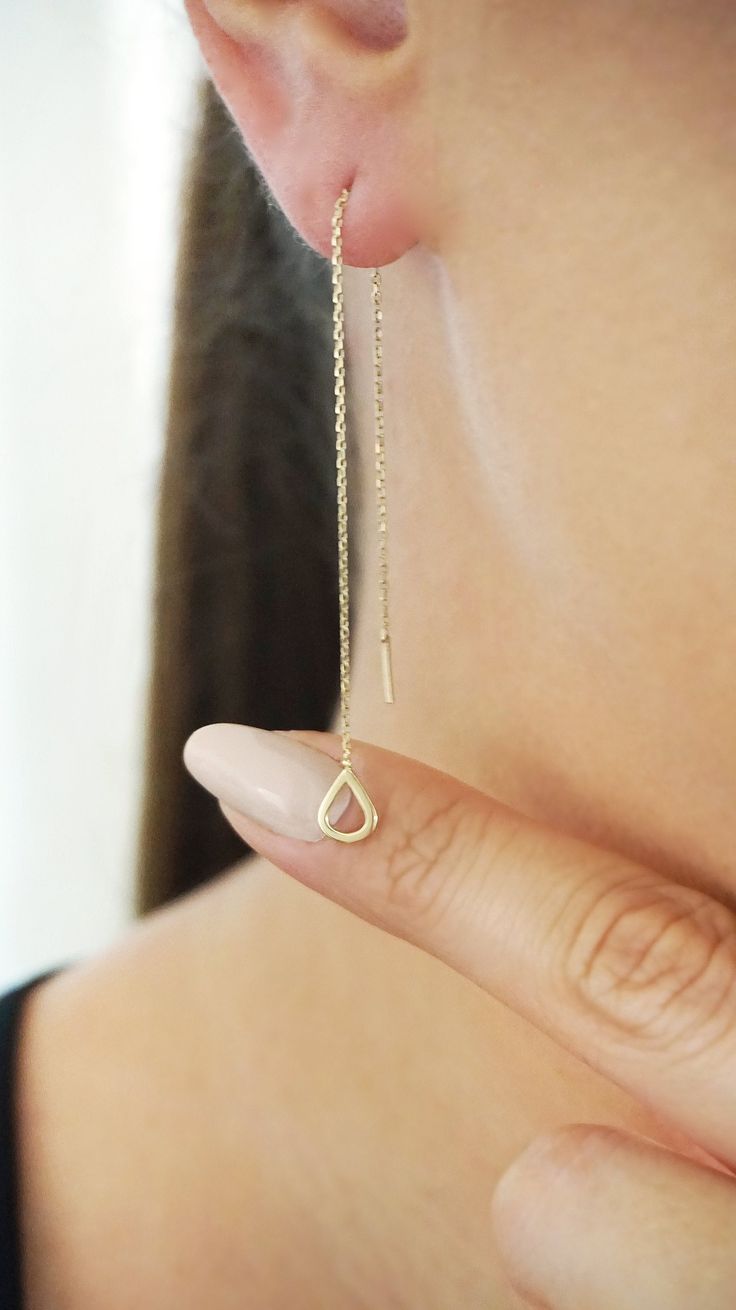 14K 9K Gold Teardrop Threader Earrings, Solid Gold Minimalist Earrings, Dainty Teardrop Threaders, Long Chain Drop Earrings, Edgy Ear Thread, Pull through chain earrings. Gift for her, FREE EXPRESS SHIPPING Dainty and minimalist 14K or 9K Solid gold threader earrings with a small teardrop. A lovely, versatile pair of earrings/earring that you will love wearing all day, everyday! Whisper...I love Geometry! :) ------------------------------------------- D E T A I L S 14K Solid Gold or 9K Solid Gol 14k Gold Filled Teardrop Earrings, Gold Teardrop Threader Pierced Earrings, Gold Teardrop Threader Earrings, Gold Teardrop Threader Earrings For Everyday, Minimalist 14k Gold Filled Teardrop Dangle Earrings, Dainty Teardrop Dangle Earrings, Gold Teardrop Threader Earrings 14k, Elegant 14k Gold Filled Teardrop Threader Earrings, 14k Gold Teardrop Earrings As A Gift