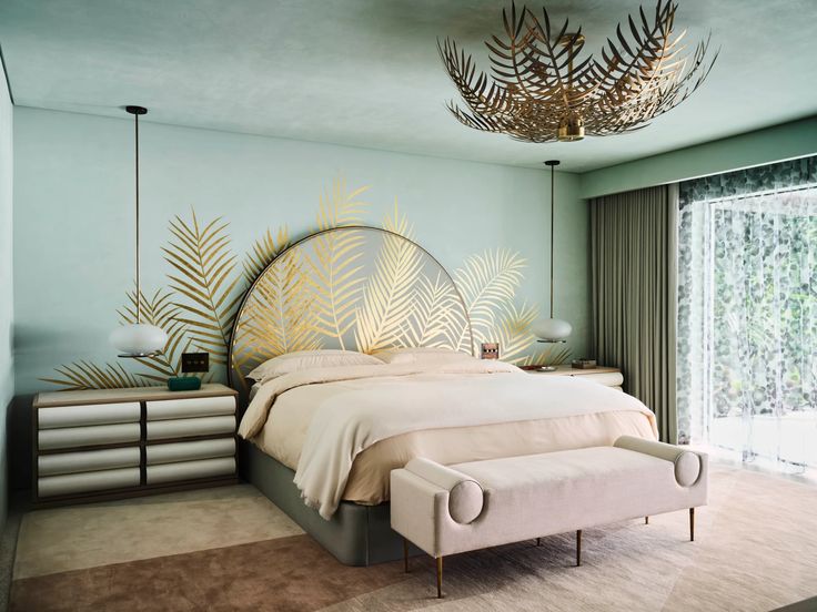 a bedroom with a bed, dressers and a chandelier hanging from the ceiling