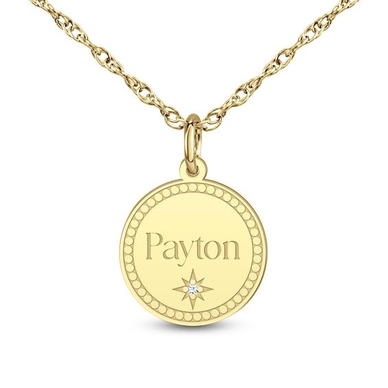 This personalized diamond accent disc pendant is a unique look you’ll turn to often. Select your choice of metal The 12.0mm round disc features a name or phrase of your choosing, 8 characters max, inscribed in a classic font along the center A diamond-accented star shimmers below Beaded border adds texture and detail to the design 16.0 to 18.0-inch adjustable rope chain with spring-ring clasp Silver Diamond Round Name Necklace, Customizable Round Diamond Jewelry, Personalized Yellow Gold Medallion Pendant Necklace, Personalized Yellow Gold Medallion Necklace, Engraved Sterling Silver Birthstone Necklace With Round Pendant, Personalized Gold Jewelry With Round Stone, Engraved Silver Round Birthstone Necklace, Customizable Round Birthstone Necklace For Anniversary, Personalized White Gold Name Necklace With Round Pendant