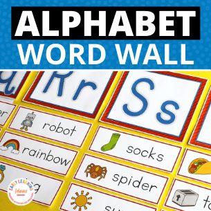 an alphabet word wall with pictures and words on it