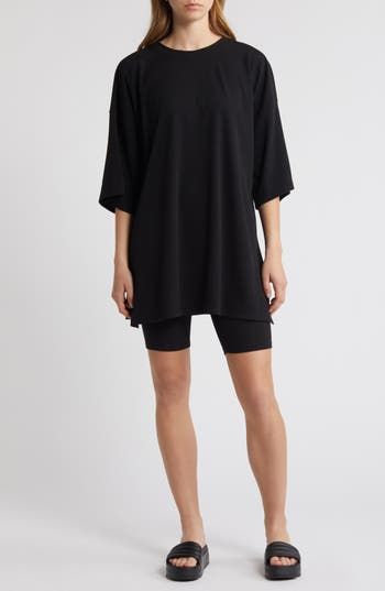 Feel comfortable and look polished in this stretchy, ribbed set that pairs an oversized T-shirt with matching bike shorts. Includes top and shorts Top has crewneck; elbow-length sleeves Bottoms have elastic waist 84% polyester, 10% rayon, 6% spandex Hand wash, dry flat Made in the USA of imported fabric Oversized Relaxed Activewear For Loungewear, Oversized Solid Activewear For Loungewear, Relaxed Oversized Activewear For Loungewear, Oversized Activewear For Loungewear, Trendy Workout Tops With Built-in Shorts, Oversized Athleisure Top For Loungewear, Oversized Spring Athleisure Activewear, Oversized Short Sleeve Activewear For Workout, Black Biker Shorts For Summer Loungewear