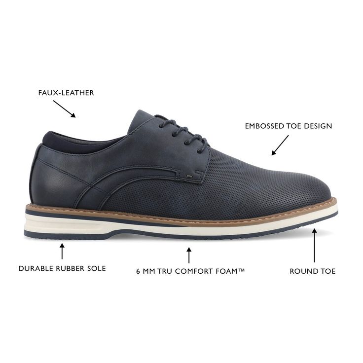 Meet the Leon dress shoe from Vance Co., a refined and comfortable choice featuring a 1-inch block heel, lace-up closure, and round toe design. Crafted with faux leather, fabric lining, and a 12 mm Tru Comfort Foam™ footbed, it provides both style and cushioned support for various occasions. The rubber outer sole ensures reliable traction, making the Leon a sophisticated and practical addition to your footwear collection. Cushioned Synthetic Oxfords For Business Casual, Low-top Synthetic Dress Shoes For Work, Synthetic Brogue Dress Shoes For Work, Synthetic Lace-up Shoes With Brogue Detailing, Spring Lace-up Dress Shoes With Cushioned Footbed, Synthetic Round Toe Lace-up Shoes For Derby, Synthetic Lace-up Oxfords For Work, Lace-up Synthetic Oxfords For Work, Lace-up Dress Shoes With Rubber Sole