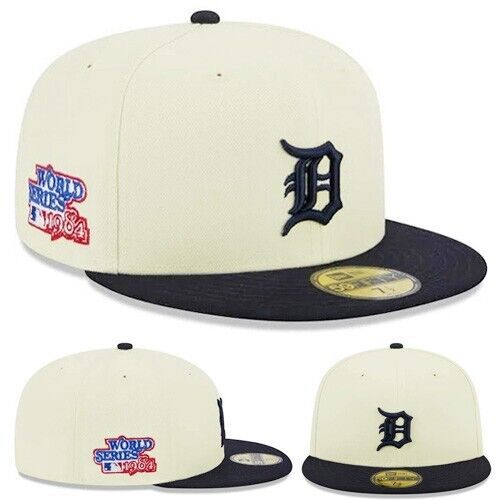 the detroit tigers new era 59fifty fitted hat is white and navy blue