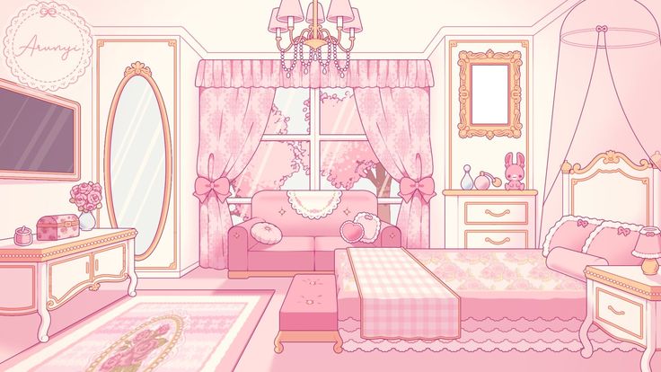 a bedroom with pink walls and furniture