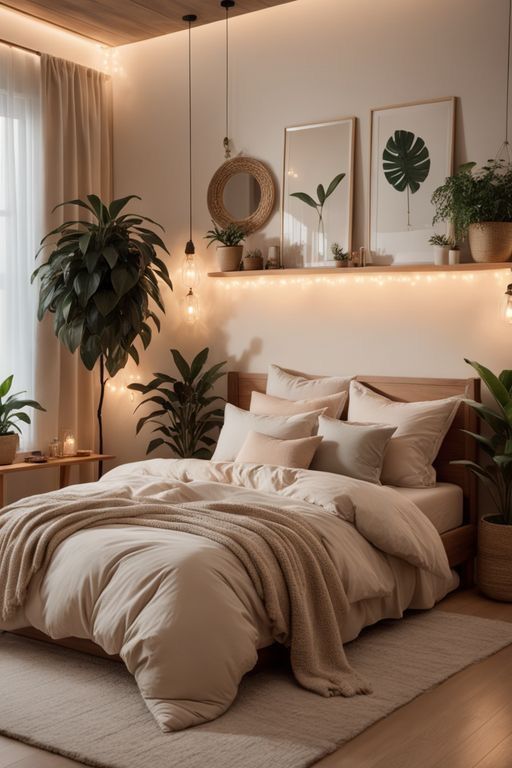 a large bed sitting in a bedroom next to a window with potted plants on it