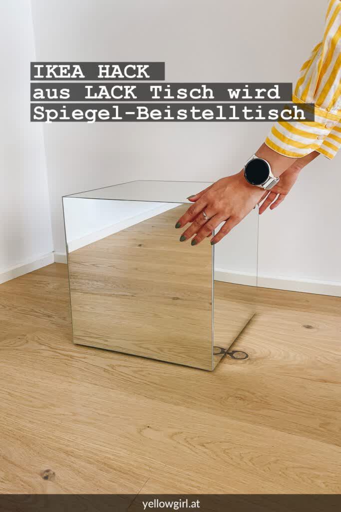 a person reaching into a mirror with their hand on the edge and text overlay that reads ikea hack aus lack tisch wird spiegl beisteh