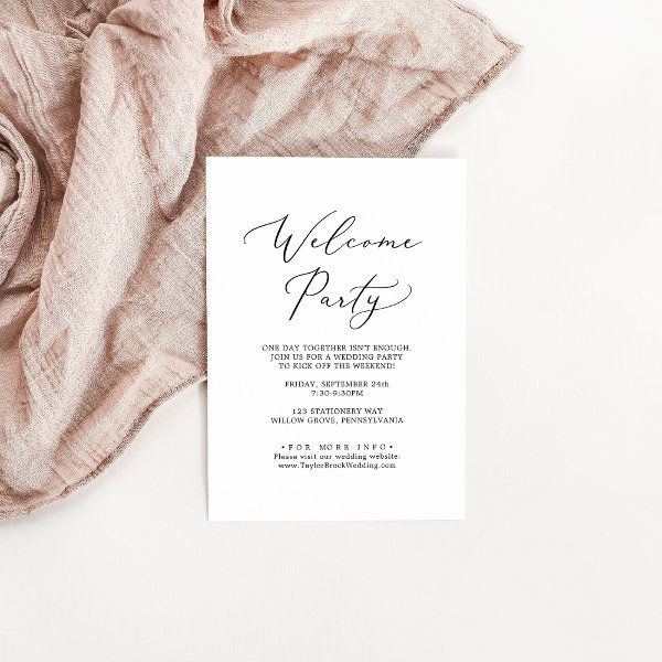 the welcome party card is laying on top of a pink scarf and a white background