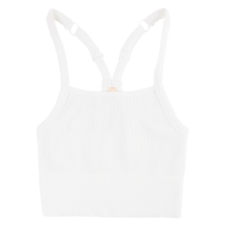 White adjustable crop top White High Stretch Ribbed Tank Top, White Ribbed High Stretch Tank Top, Casual Sports Bra With Adjustable Straps, Casual Seamless T-back Sports Bra, White Fitted Ribbed Activewear, White Racerback Tank Top, Bra-friendly, Ribbed Racerback Sports Bra For Workout, White Athleisure Tank Top With Seamless Construction, White Seamless Athleisure Tank Top