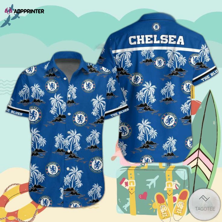 Chelsea FC Hawaiian Shirt Cotton Tops With All Over Print For Beach Season, Cotton Top With All Over Print For Beach Season, Fan Merchandise Cotton Shirt With All Over Print, Fan Merchandise Printed Short Sleeve Shirt, Fan Apparel Tops For Streetwear In Summer, Summer Fan Apparel Tops For Streetwear, Cotton Shirt With All Over Print For Fans, Fan Merchandise All Over Print Short Sleeve Shirt, Fan Merchandise Shirt With All Over Print