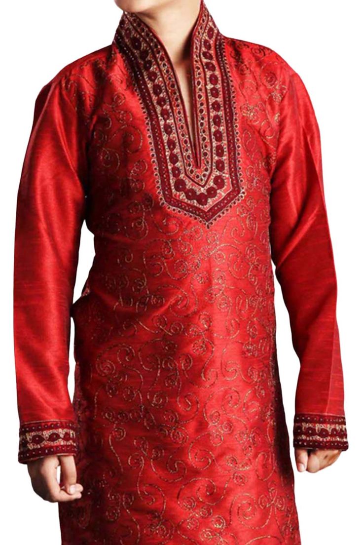 Product Features: Top Color: Red Bottom Color: Black Top Fabric: Art Dupion Silk Bottom Fabric: Art Dupion Silk Pattern And Print: Embroidered Work: Zari And Resham Thread Embroidered Sleeve Type: Full Sleeve Neckline Type: Chinese Collar Closure Type: Button Wash Care: Dry Clean Occasion: Festival Package Contain 1 Top And 1 Bottom Product Type Boys Kurta Pyjama Set Disclaimer: There Will Be Slight Difference In Digital To Actual Image Boys Kurta, Kurta Pyjama, Silk Pattern, Chinese Collar, Silk Bottoms, Red Bottom, Dupion Silk, Red Art, Red Bottoms