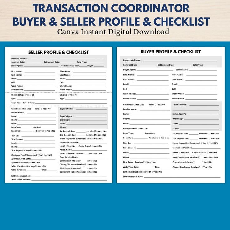 the transaction coordinating buyer and seller profile checklist is shown on a blue background with white text