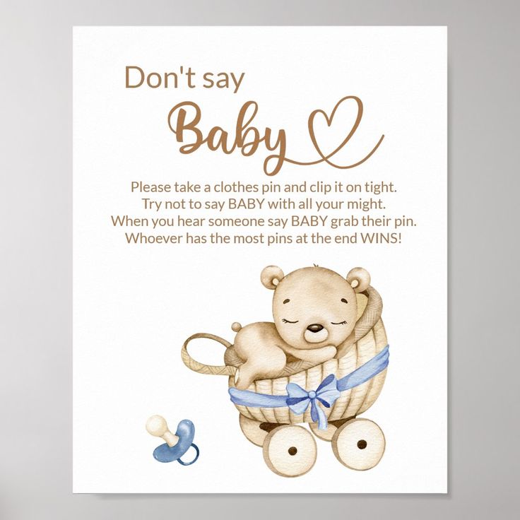 a baby card with a teddy bear holding a blue ribbon