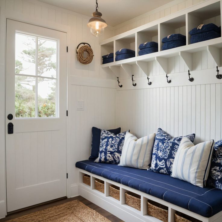 a blue and white bench with pillows on it