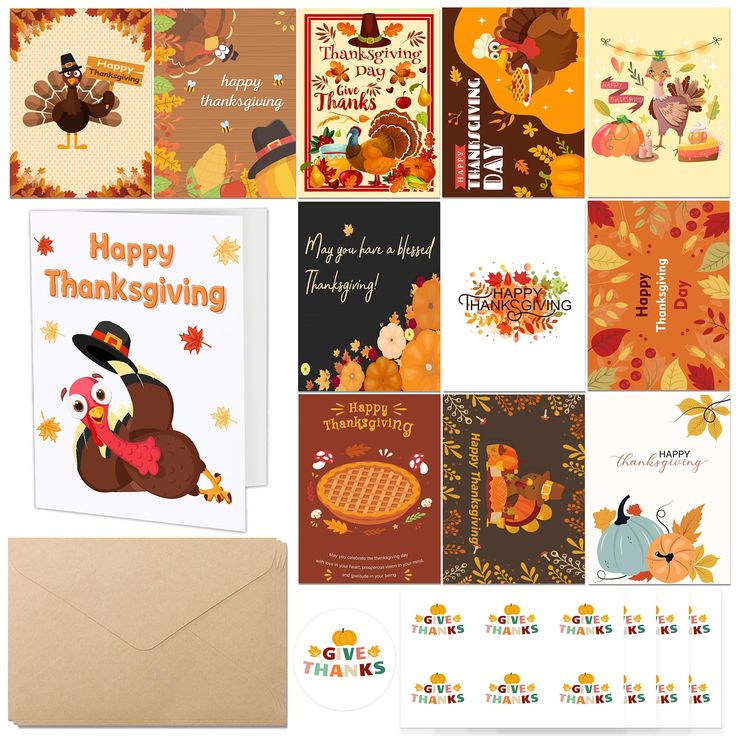 thanksgiving greeting cards and envelopes with turkey on them, all decorated in autumn colors