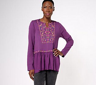 Embroidered details give this easy-breezy tunic a delightful boho-chic energy. Paired with your favorite denim and fresh sneaks, this standout style is oh-so-ready for your fall social calendar. From LOGO by Lori Goldstein®. Floral Embroidered Tunic Top For Fall, Relaxed Fit Bohemian Top For Fall, Casual Tunic Tops For Fall, Floral Embroidery Tunic Top For Fall, Bohemian Relaxed Fit Tops For Fall, Bohemian Tops With Embroidered Hem In Relaxed Fit, Bohemian Tops With Embroidered Hem And Relaxed Fit, Embroidered Tunic Tops For Fall, Casual Relaxed Fit Tunic Tops