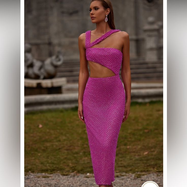 Reposhing This Item I Purchased From @Uenatocila18. Loved It, Never Worn, Perfect Condition Questions? Leave A Comment Below! Alamour The Label, Hot Pink Dresses, Asymmetrical Neckline, Beaded Gown, Glam Dresses, Pink Tone, Fancy Dresses, Mode Outfits, Guest Dresses