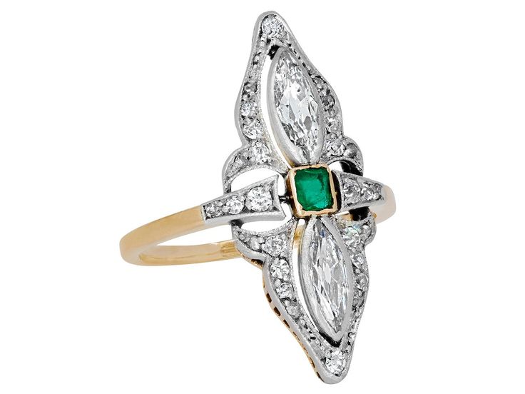 Centering upon a bezel-set square emerald, flanked by two marquise shape diamonds, set in the pierced, navette shaped diamond ring top, in platinum over 18K gold. Marquise Emerald Ring With Center Stone, Marquise Emerald Ring For Formal Occasions, Elegant Marquise Emerald Ring With Diamond Accents, Fine Jewelry Marquise Emerald Ring With 17 Jewels, Marquise Shape Diamond, Jewellery Marketing, Emerald Ring, Bezel Setting, Diamond Ring