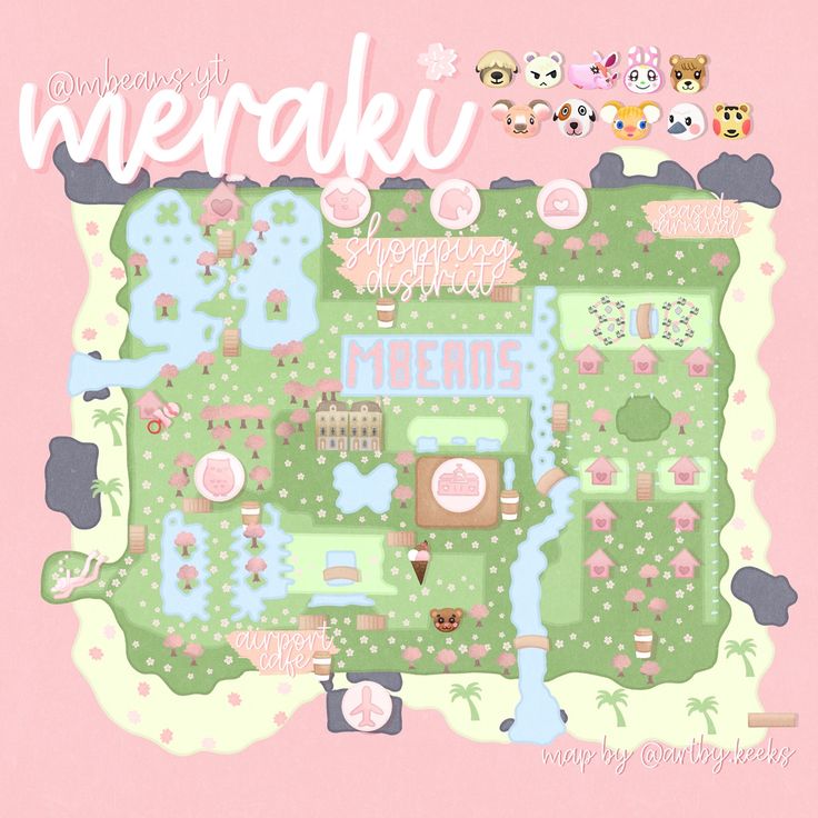 a map with the words meraku on it and other things in pink background