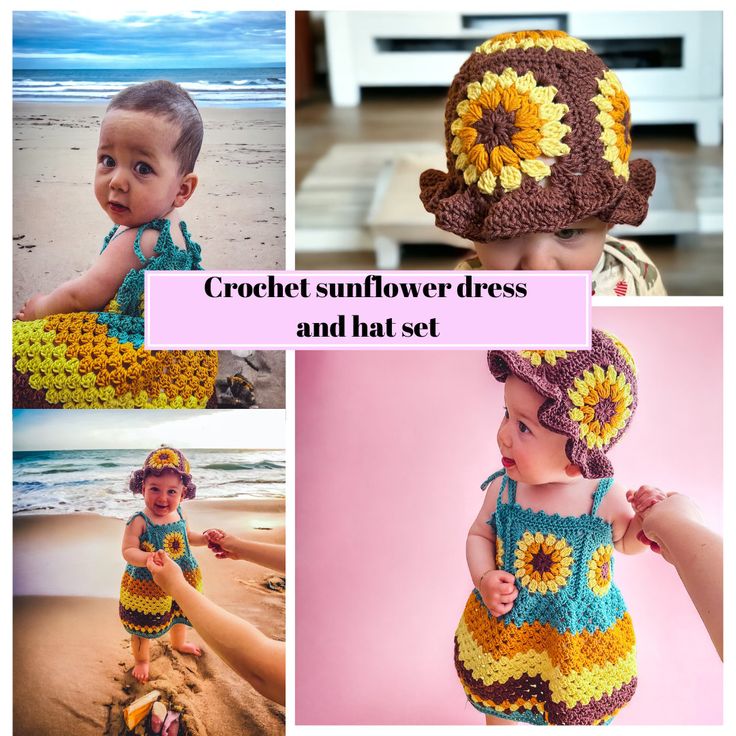 crochet sunflower dress and hat set for toddlers, girls or boys