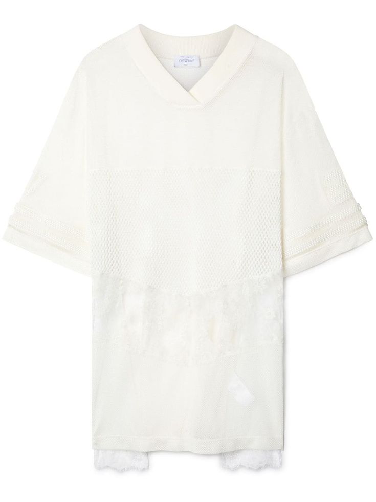 chalk white cotton semi-sheer construction layered design mesh and sheer lace panelling V-neck half-length sleeves straight hem Chalk White, Layered Design, White Paneling, Lace Panelled, Jersey Shirt, Layers Design, Sheer Lace, Cotton T Shirt, White Cotton