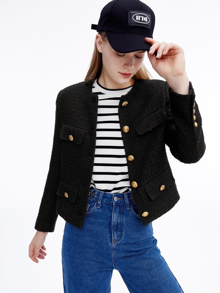 Cropped Collarless Tweed Jacket | Urlazh – Urlazh New York Black Outer Outfit, Black Tweed Jacket Outfit, Tweed Outfits, Outer Outfit, Tweed Jacket Outfit, Black Cropped Jacket, Black Tweed Jacket, Tweed Jackets, Jacket Outfit Women