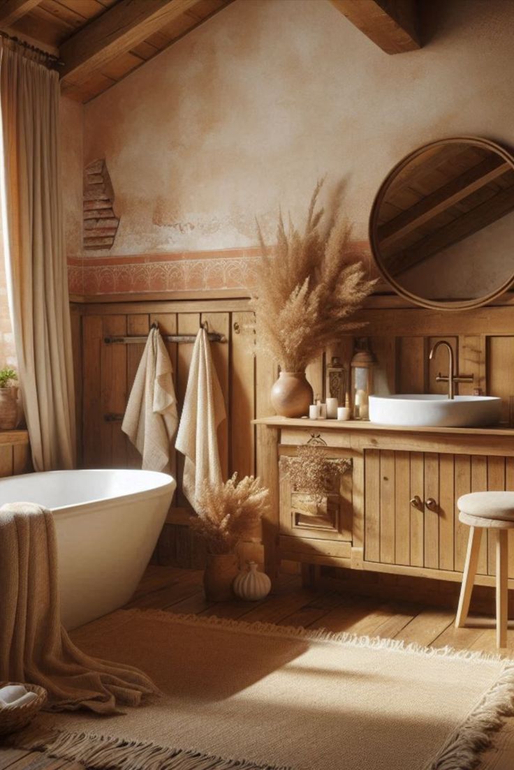 a bath room with a tub a sink and a mirror on the wall next to a window