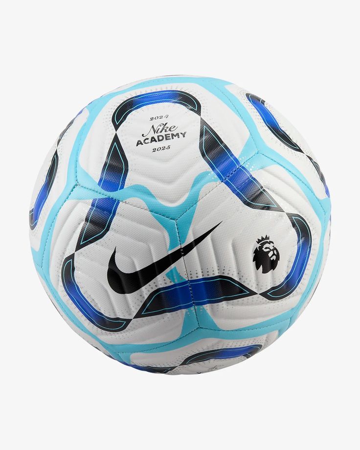 a white and blue soccer ball with the nike academy logo on it's side