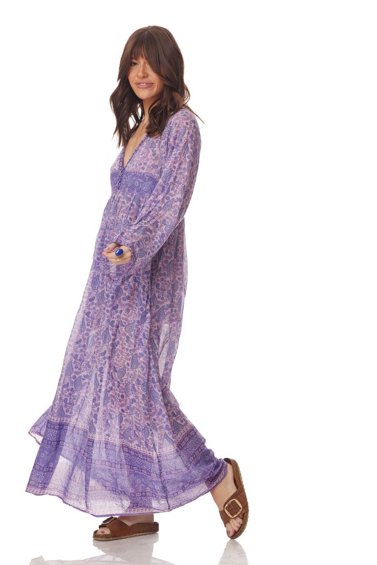 Jade Printed Maxi dress is perfect for beach-to-bar occasions. Some of our favorite touches, sophisticated and graceful design, make this dress an instant Blue Boheme classic.Color: Lavender Sizes: Small/Medium, Fits Size 2 to 6 and Medium/Large, Fits Size 6 to 10 100% Indian Cotton With a Lining Made in India Model Height: 5'7Bust: 32BWaist: 24Hips: 32 Chic Purple Maxi Dress, Spring Beach Dress, Floor-length And Flowy, Spring Breezy Long Maxi Dress, Spring Purple Long Maxi Dress, Purple Long Maxi Dress For Spring, Lavender V-neck Maxi Dress For Spring, Purple Floor-length Maxi Dress For Spring, Flowy Purple Maxi Dress, Lavender Long Sleeve Maxi Dress For Summer